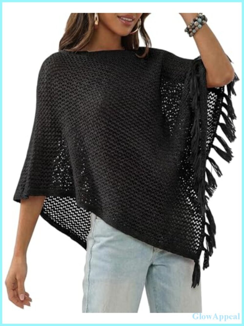 Sheer Crochet Fringe Poncho Shrug Top Women's Boho Knit Wrap